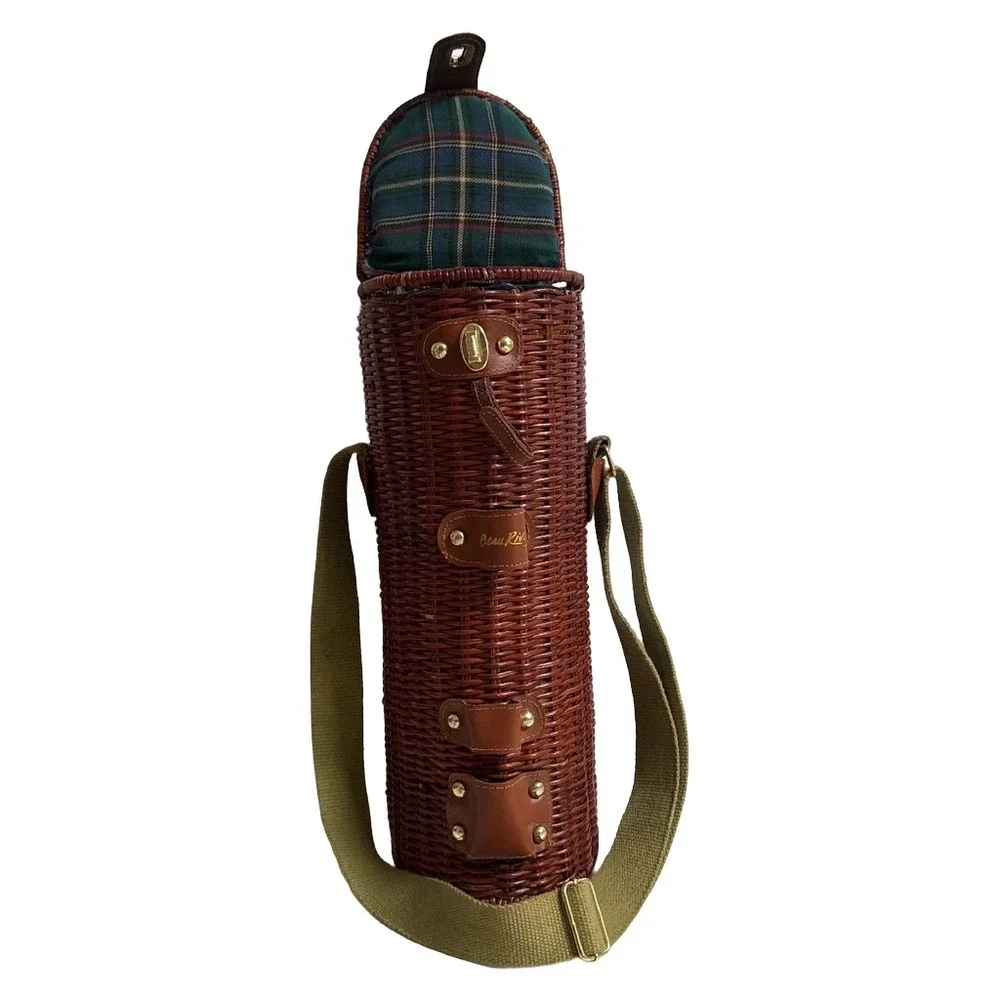 Beau Rivage Wicker Wine Bottle Carrier Insulated Plaid Lining Brown Picnic Tote